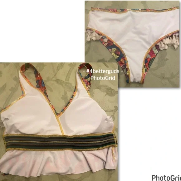 New Tankini Ruffle Colorful Abstract Graphic Boho Print Tassel Swimsuit Medium - Picture 6 of 16